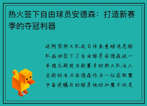 热火签下自由球员安德森：打造新赛季的夺冠利器